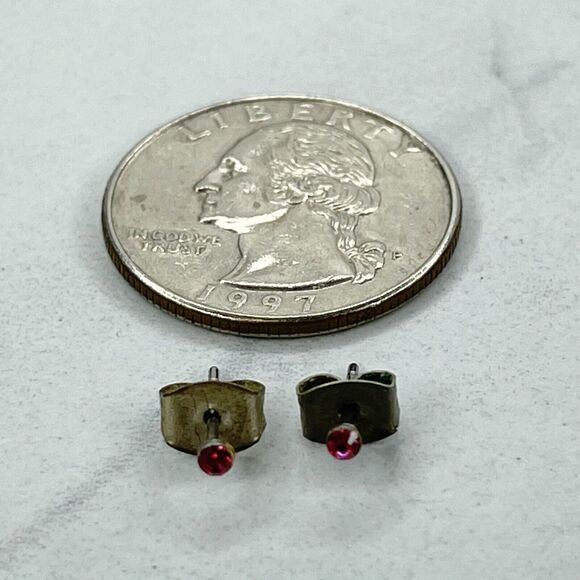 Silver Tone Pink Rhinestone Small Dainty Stud Post Earrings Pierced Pair - Picture 1 of 2